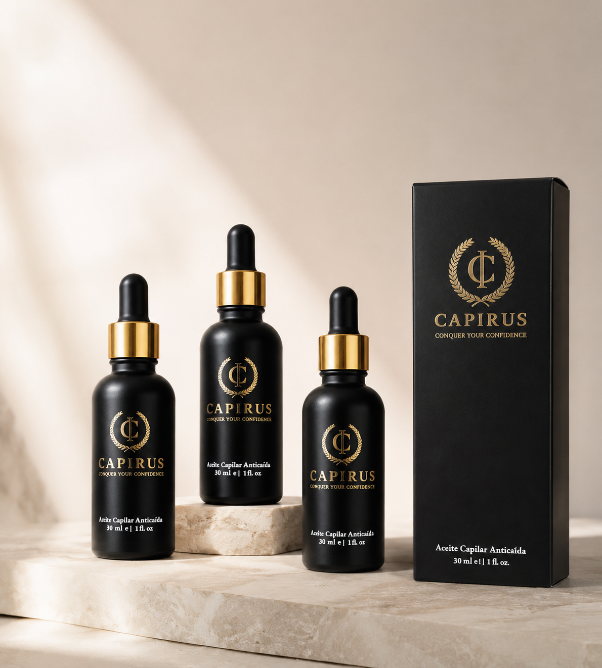 Frascos de aceite capilar Capirus con su envase negro y dorado
