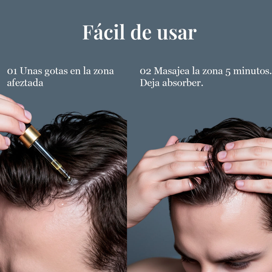 Instructions for using a hair care product with text in Spanish on a dark background.