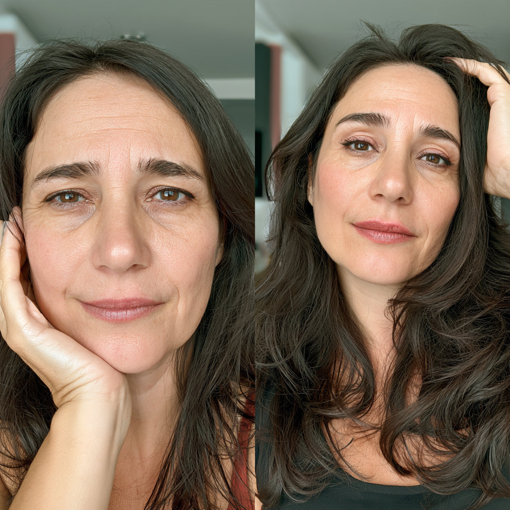 Clienta de Capirus con el cabello corto y gafas haciéndose una foto frente al espejo
