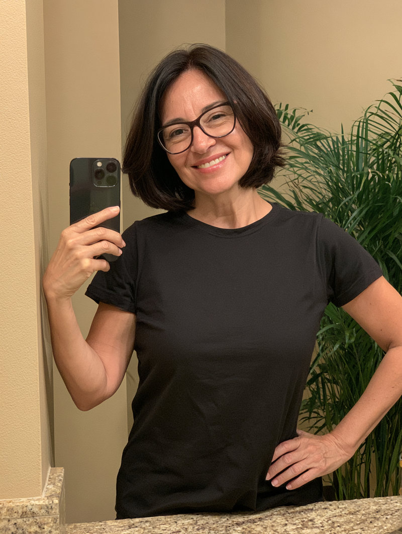 Mujer con el cabello corto y gafas haciéndose una foto frente al espejo