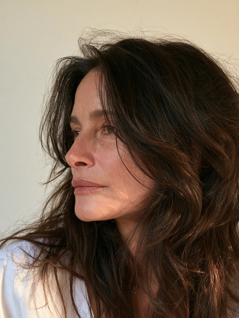 Mujer de perfil mostrando el largo y la densidad de su cabello