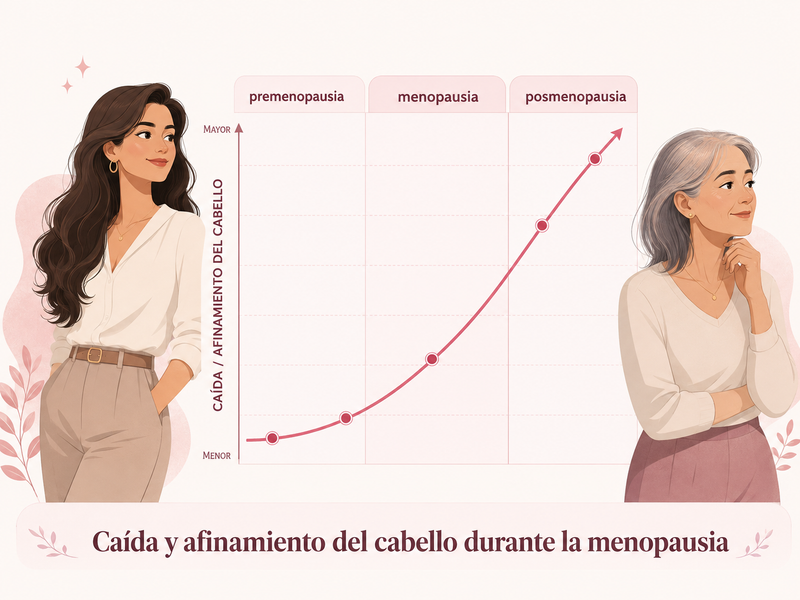 Gráfico sobre la caída y el afinamiento del cabello durante la premenopausia, menopausia y posmenopausia