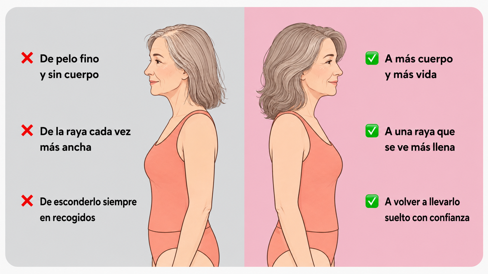 Ilustración de dos mujeres de perfil que contrasta el pelo fino y sin cuerpo con una melena de mayor volumen y una raya más llena