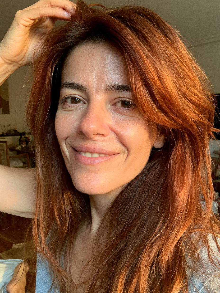 Mujer mostrando su cabello durante su rutina de cuidado capilar